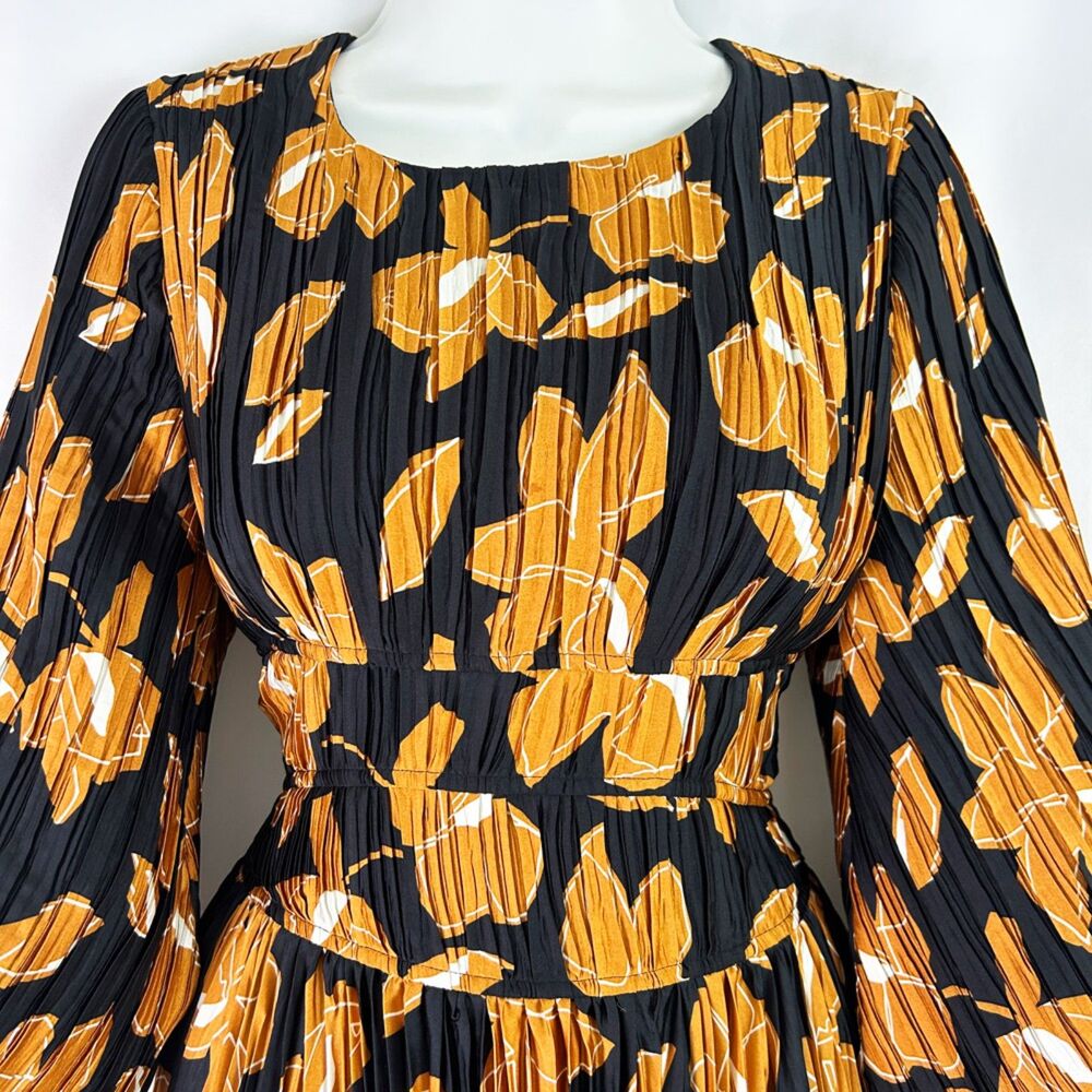 SIMKHAI Black & Gold Floral Ames Midi Dress (8) Pleated Plissé-Satin - Picture 5 of 16